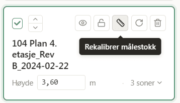 Nærbilde av linjal-ikonet på et etasjekort med tooltip «Rekalibrer målestokk».